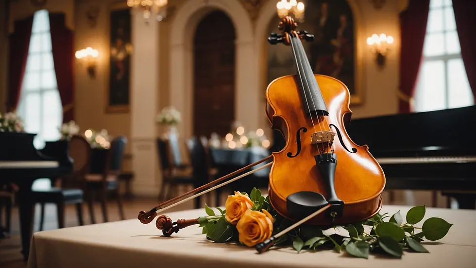 Eye-level view of a beautifully arranged violin on a wedding stage
