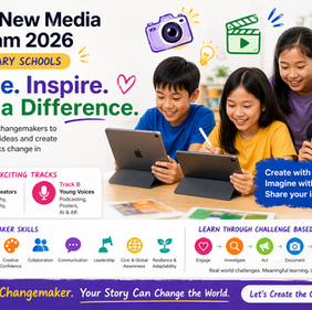 Kids using iPads and a microphone, creating content. Text: "Apple New Media Program 2026 for Primary Schools. Create. Inspire. Make a Difference."