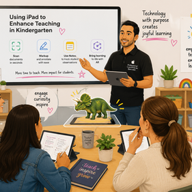 A man presents iPad teaching tools to women in a classroom. Classroom decor includes plants, motivational text, and a 3D dinosaur graphic.