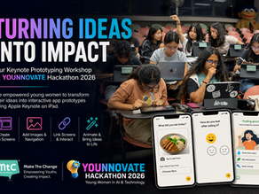 Poster of young women coding in a classroom for YOUNNOVATE Hackathon 2026, with Keynote app mockups and Turning Ideas Into Impact.