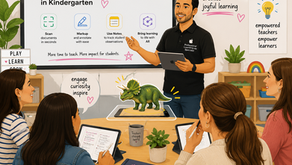 A teacher presents on iPad use in kindergarten to engaged adults. An AR dinosaur is displayed. Posters emphasize learning through tech.