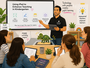 A teacher presents on iPad use in kindergarten to engaged adults. An AR dinosaur is displayed. Posters emphasize learning through tech.