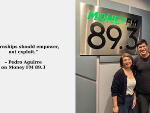 Two people smiling in a radio studio with a "MONEY FM 89.3" sign. Text: "Internships should empower, not exploit." Mood is positive.