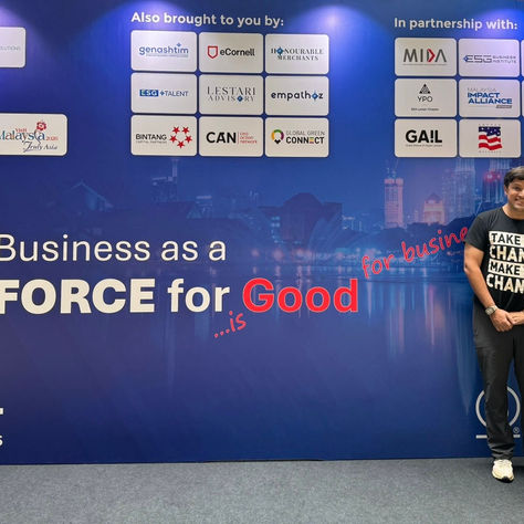 Three people smile at a B Corp Asia Summit 2026 backdrop reading Business as a Force for Good with sponsor logos.