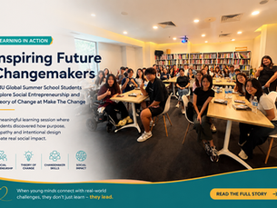 Poster of SMU Global Summer School students in a bright classroom posing at tables; headline reads Inspiring Future Changemakers.