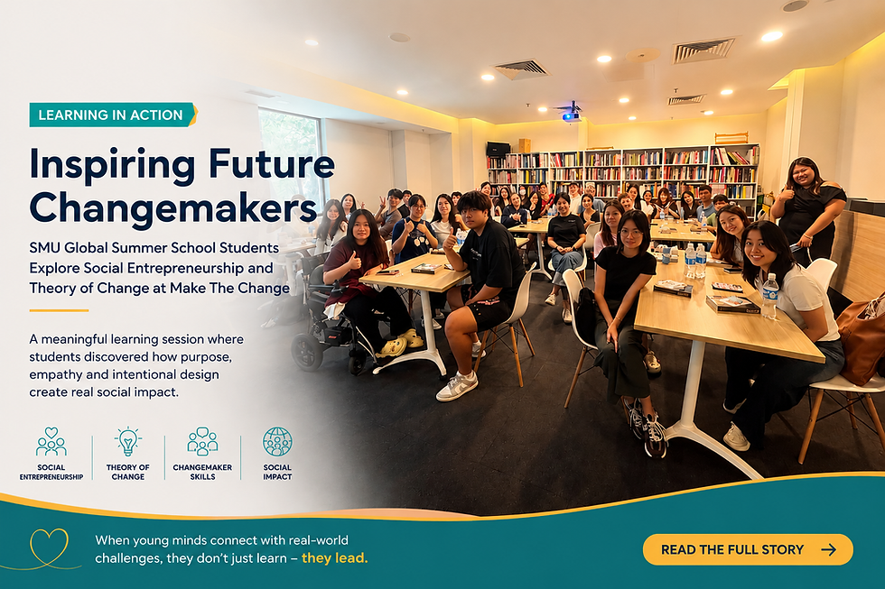 Poster of SMU Global Summer School students in a bright classroom posing at tables; headline reads Inspiring Future Changemakers.