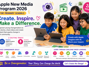 Children engaged with tablets, wearing headphones, and smiling. Text: Apple New Media Program 2026, Create. Inspire. Make a Difference.