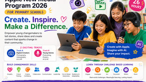 Children engaged with tablets, wearing headphones, and smiling. Text: Apple New Media Program 2026, Create. Inspire. Make a Difference.