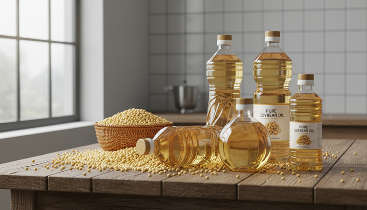 Wide-angle view of clear soybean oil bottles beside raw soybeans on a wooden surface