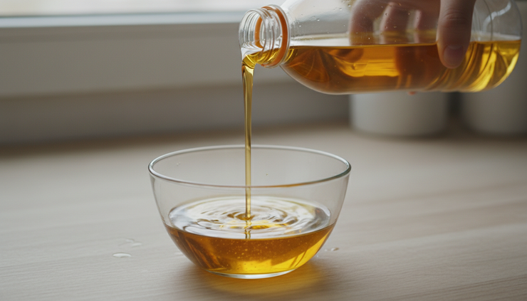 Close-up view of golden soybean oil being poured from a clear bottle into a glass bowl.