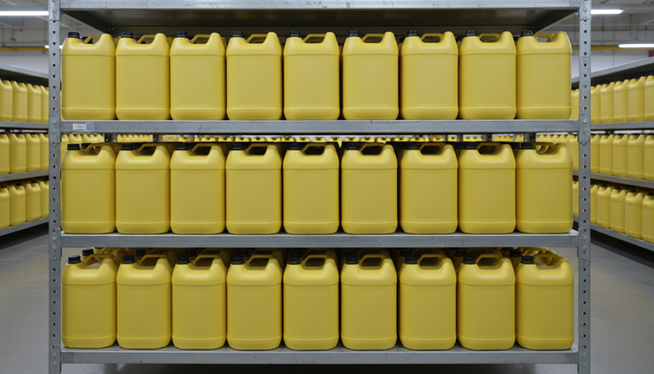 Eye-level view of sealed soybean oil jerry cans stacked in a clean warehouse aisle.