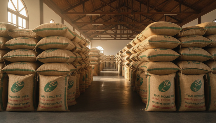 Eye-level view of stacked Thai Hom Mali rice bags in a clean storage area