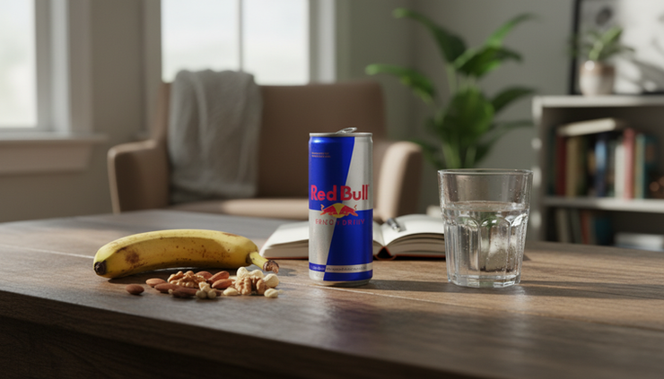 Wide-angle view of a Red Bull can next to a simple snack and a notebook.