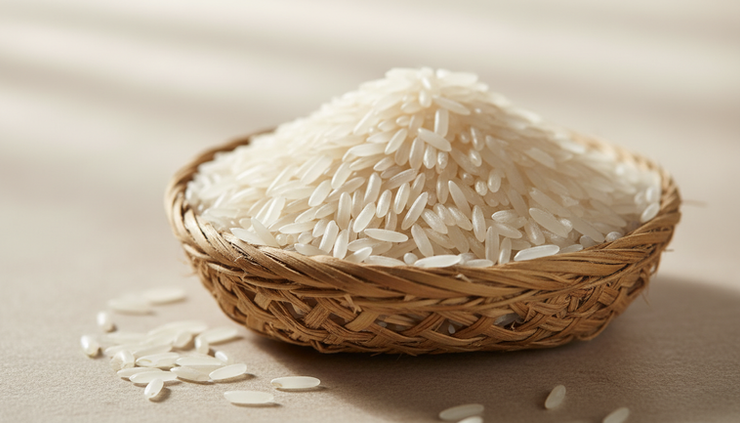 Close-up view of uncooked jasmine rice grains in a woven basket.