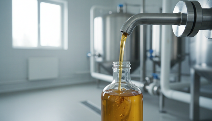Close-up of golden sunflower oil flowing from a stainless steel spout into a sample bottle.