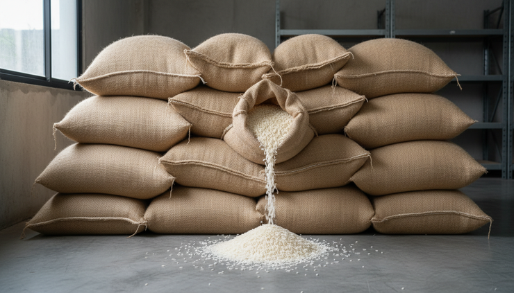 Eye-level view of jasmine rice sacks stacked in a clean storage area.