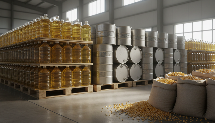 Wide-angle view of unbranded corn oil containers stacked near sacks of corn kernels
