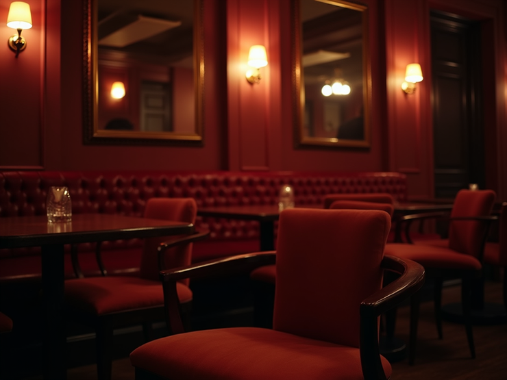 A moody speakeasy interior with velvet chairs and dim lighting and an elegant atmosphere.