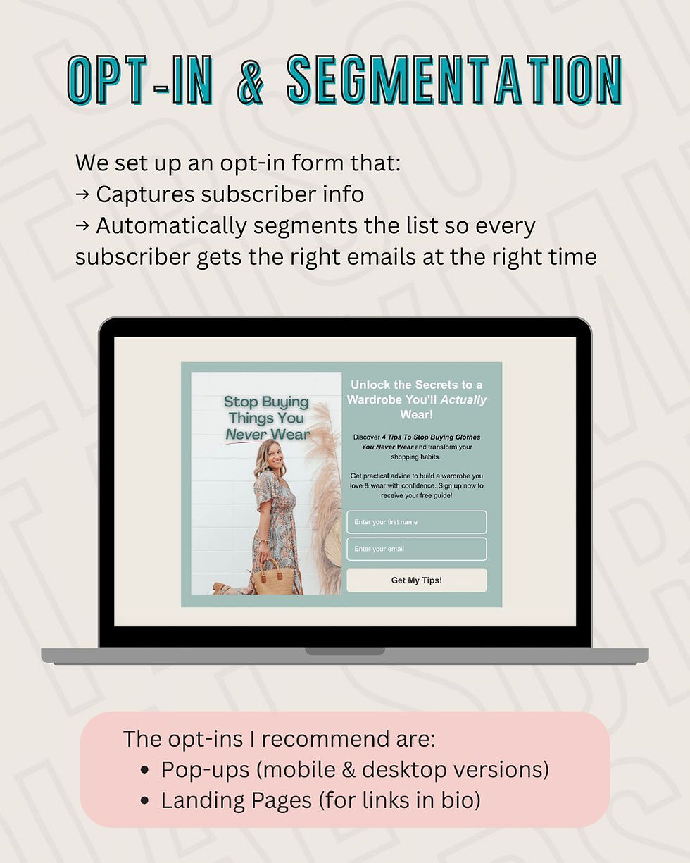 Opt-in and segmentation guide with a laptop screen displaying a email opt-in form example from Elladora Boutique for lead generation.