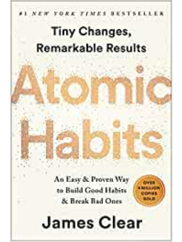 Book cover of Atomic Habits by James Clear, with beige text, subtitle Tiny Changes, Remarkable Results, and an orange badge depict habit formation for female entrepreneurs.