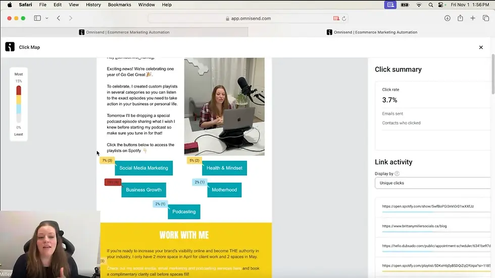 Brittany Miller Socials click map example shows podcast categories in Omnisend email marketing platform.