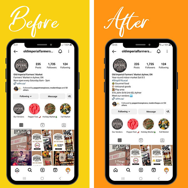 Before & After of an Instagram bio that was updated using Brittany Miller Socials Instagram Bio Template