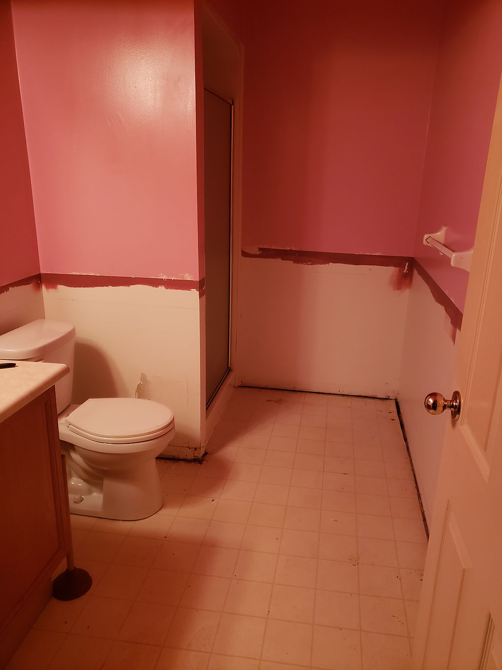 Small pink bathroom with toilet, vanity and shower stall; unfinished wall paint and empty floor give it a bare, in-progress feel after smoke damaged wallpaper was removed.