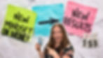Woman smiling, pointing at money, in front of colourful notes: "New Mindset on Money," "New Results," representing August social media ideas and mindset shifts for business owners.