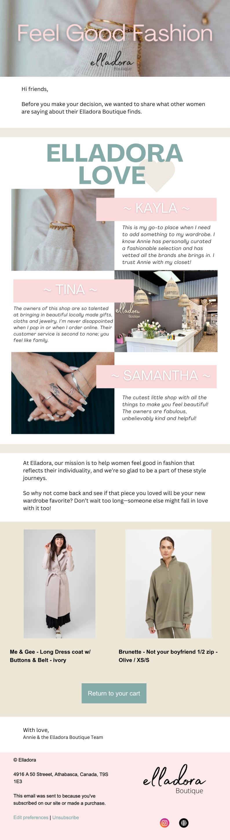 Omnisend's user-friendly email software creating beautifully designed emails for Elladora Boutique