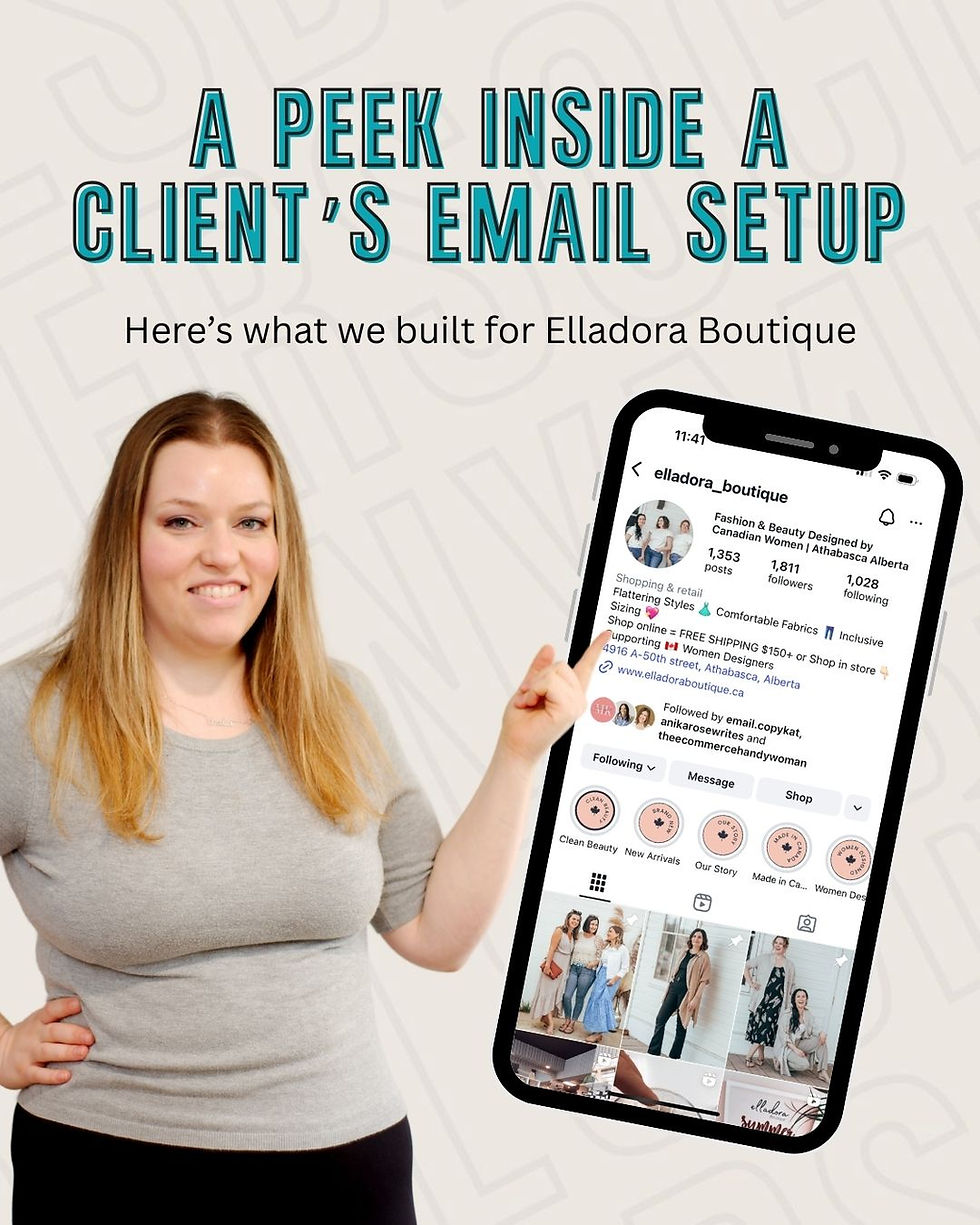 Woman smiling, pointing at a phone displaying an e-commerce email marketing system. Text above reads "A Peek Inside a Client’s Email Setup." for Elladora Boutique