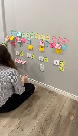 Woman arranging colourful sticky notes labeled with months on a wall. Focused and organized mood representing strategic annual planning and social media content calendar creation.