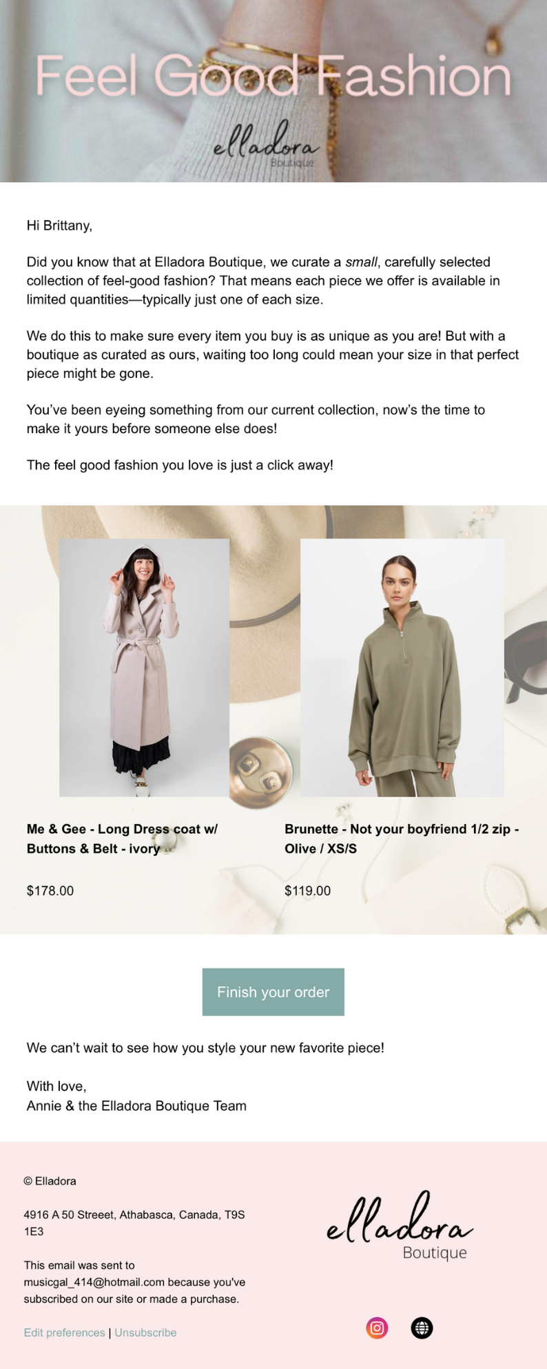 Shopify email marketing integration with Omnisend email provider example of product info in a marketing campaign