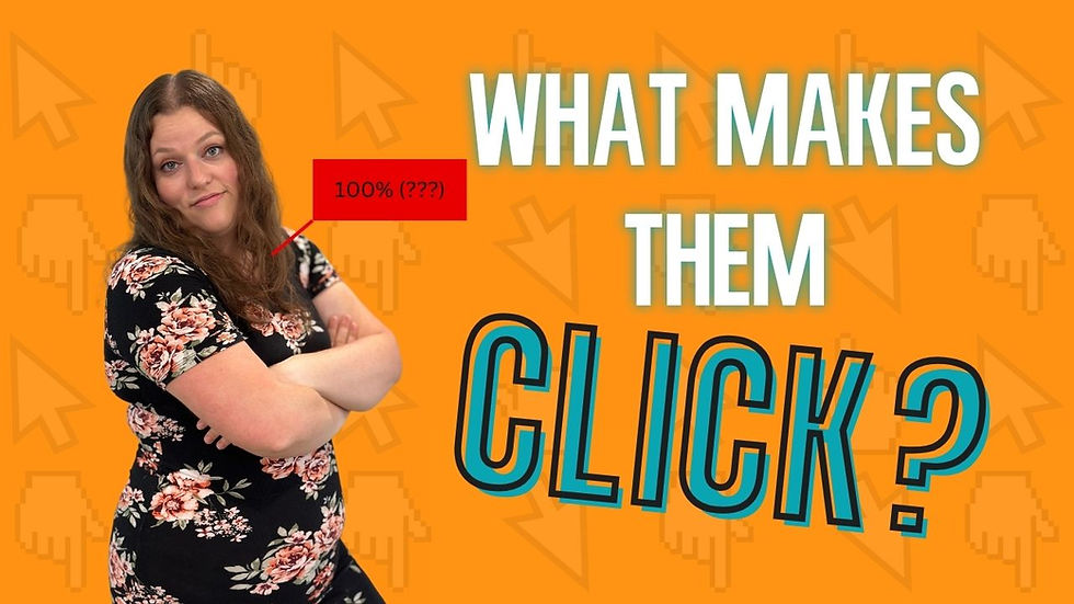 Woman in floral dress stands arms crossed on orange background with text: WHAT MAKES THEM CLICK? Representing using click maps to measure your email marketing ROI.