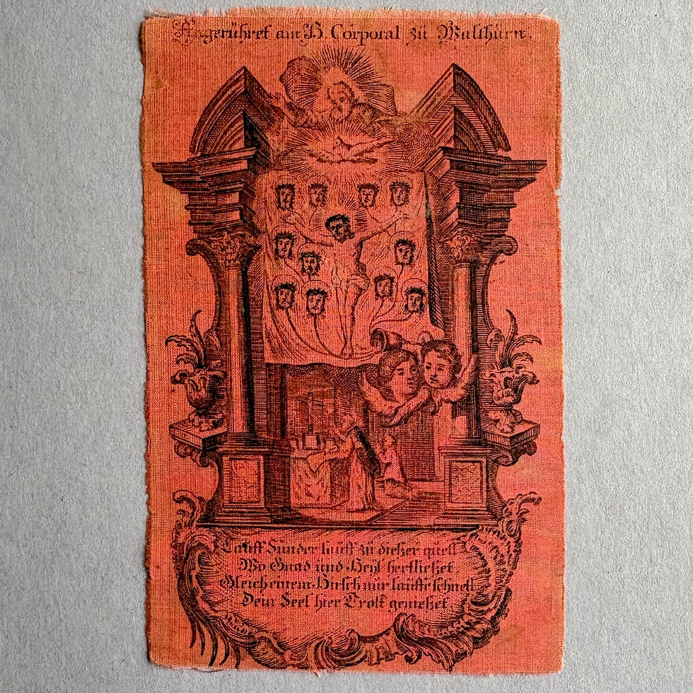 Thumbnail: ‘Blood Wonder’ engraving on silk:  “This touched the Holy Cloth of Walldürn.”