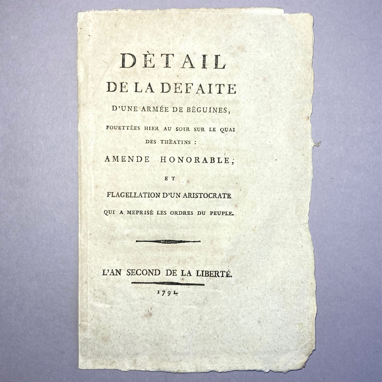 French Revolutionary pamphlet: “Army of Beguines flogged” in Paris. 1 U.S. copy.