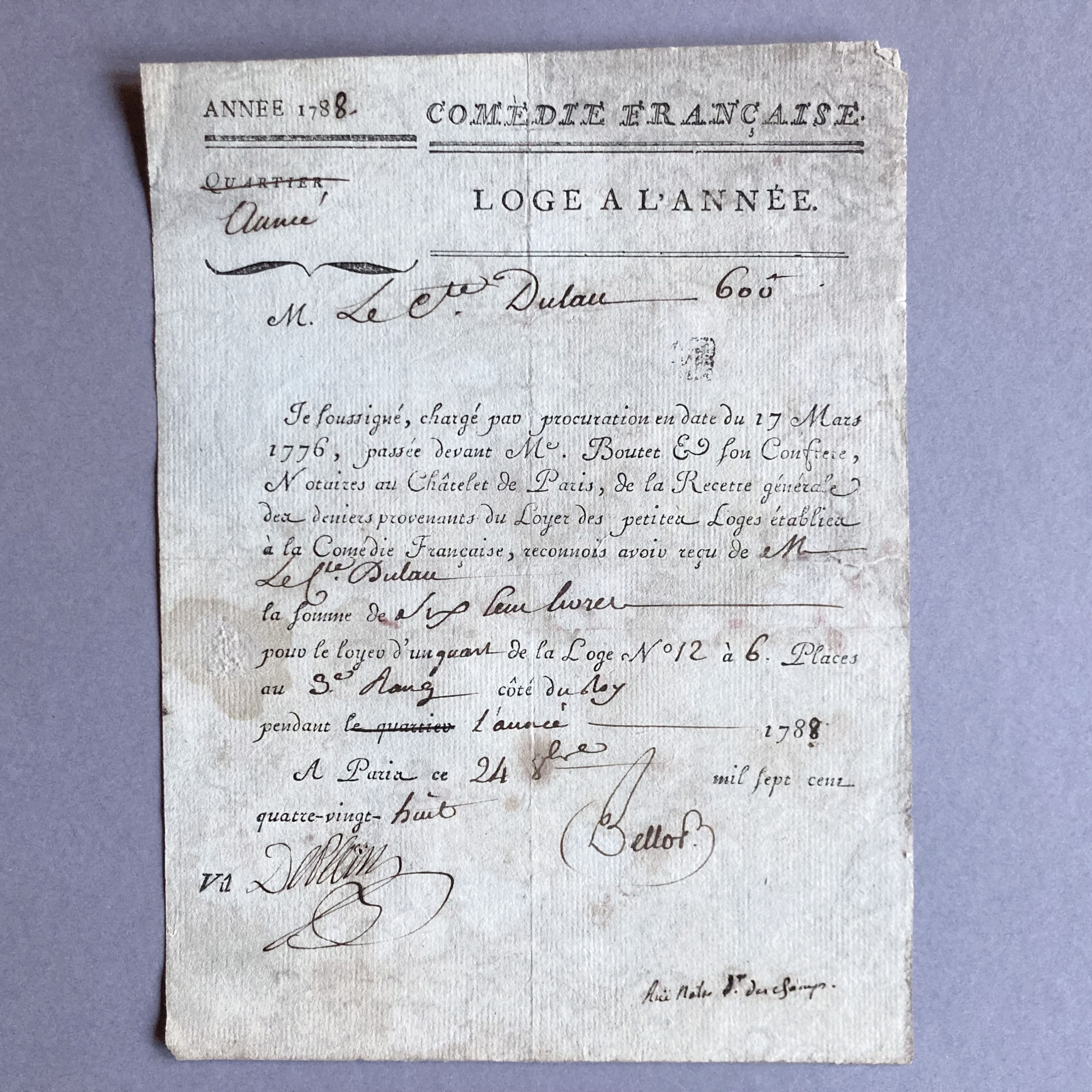 Renting a box at the Comédie-Française on the eve of the Revolution. Rare.