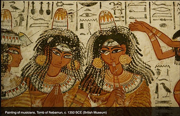 Egyptian wigs 1350 BCE: Illustration or reconstruction of ancient Egyptian wigs, circa 1350 BCE, showing early wig use and hair craftsmanship.