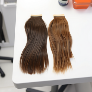 Two hair samples on a white lab table