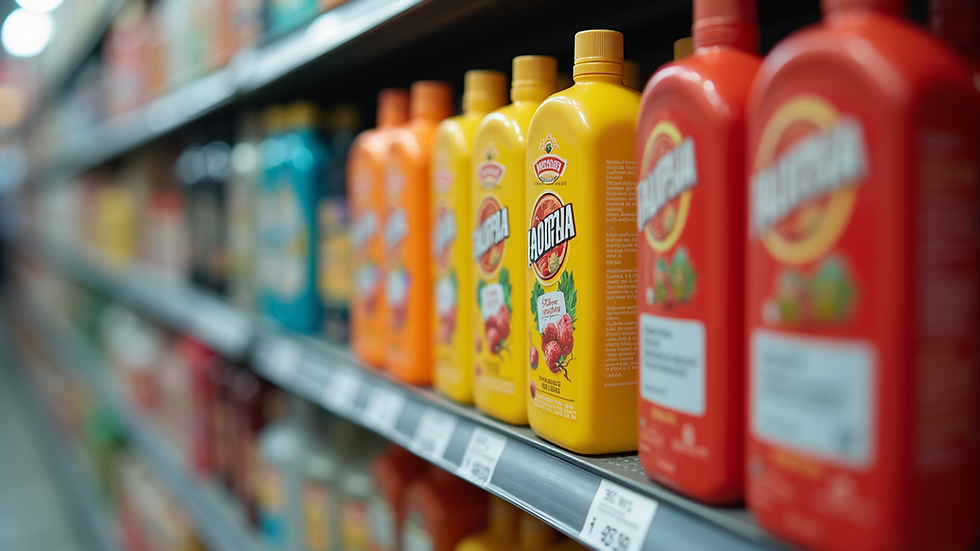 Eye-level view of a branded product package with vibrant colors on a shelf