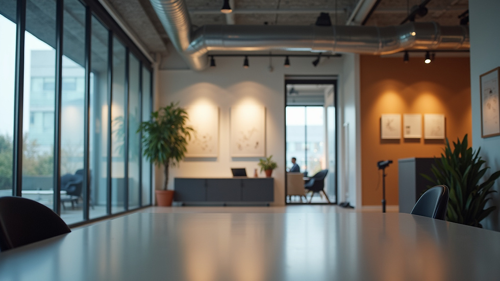 Eye-level view of a modern office space with branding materials on display