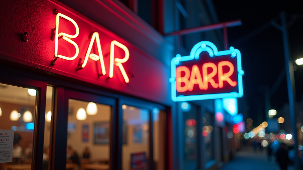Eye-level view of a colorful neon sign for a bar
