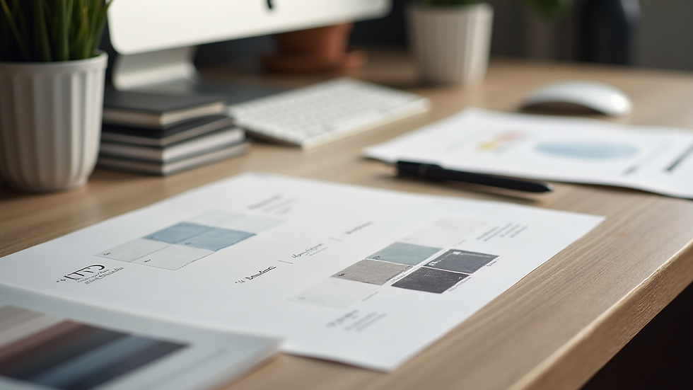 Close-up view of a designer’s desk with branding materials and colour swatches