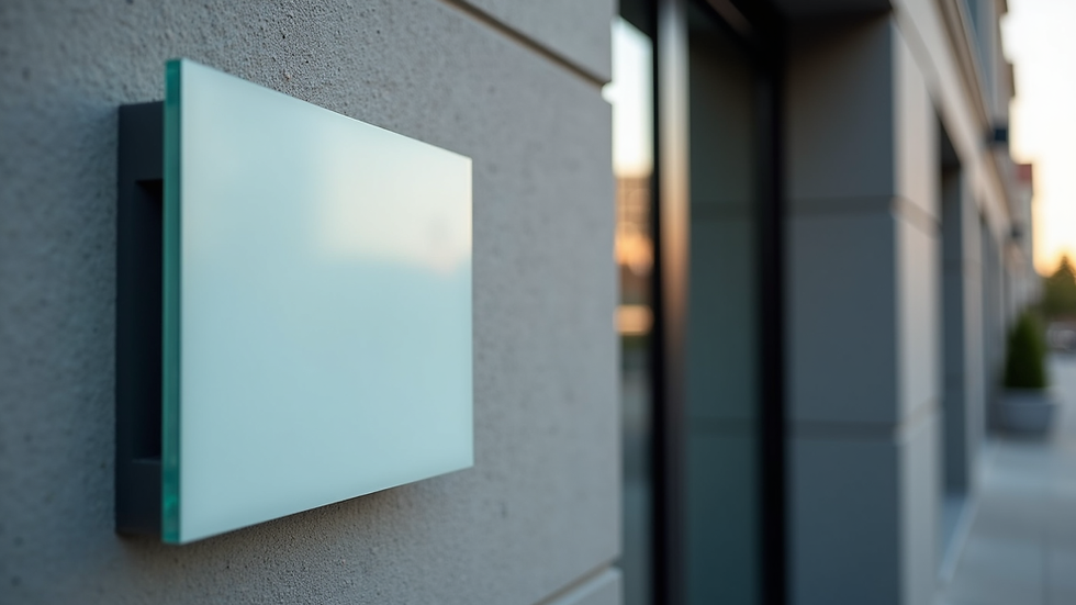 Eye-level view of a modern acrylic business sign mounted on a wall