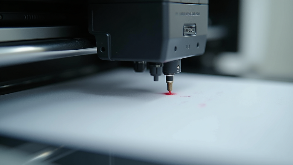 Close-up view of a high-resolution digital printer nozzle applying ink on paper