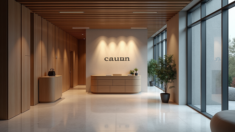 High angle view of office lobby with custom branding and signage