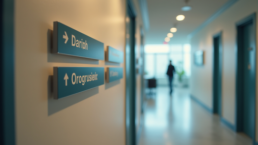 High angle view of a hallway with custom directional office signs mounted on walls