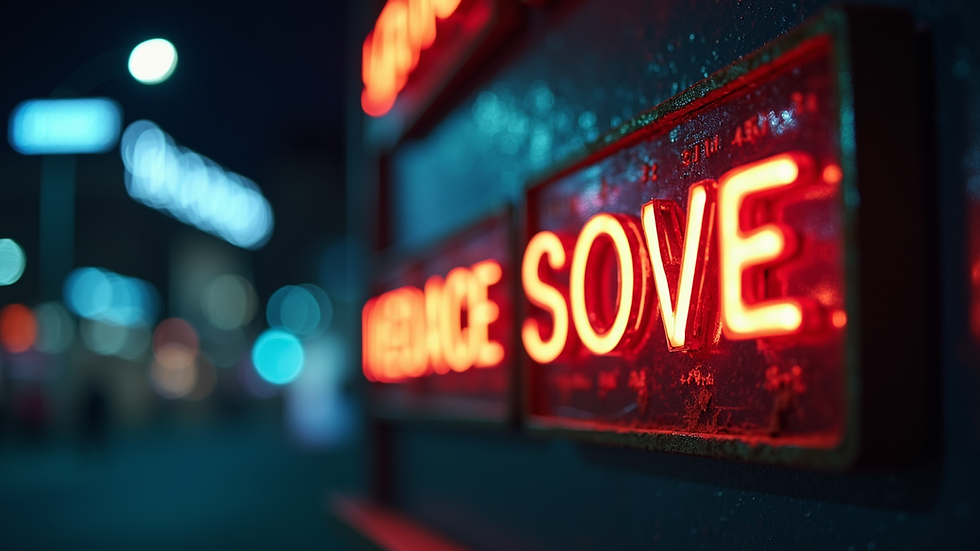 Close-up view of a metal business sign with LED lighting at night