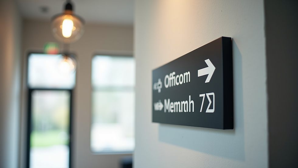 Close-up view of custom directional office sign on wall