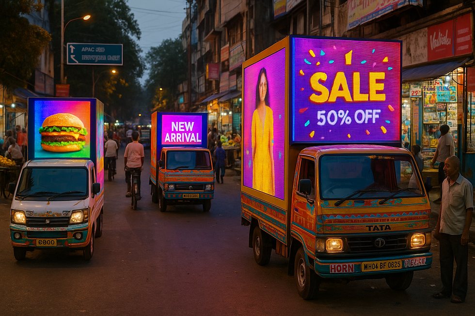 Professional vehicle branding and LED signage solutions displayed on Indian street showing mobile advertising impact