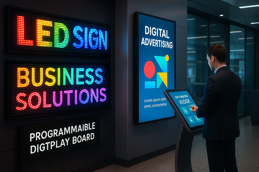 LED signage and digital display solutions showing programmable boards and interactive kiosks for Indian businesses